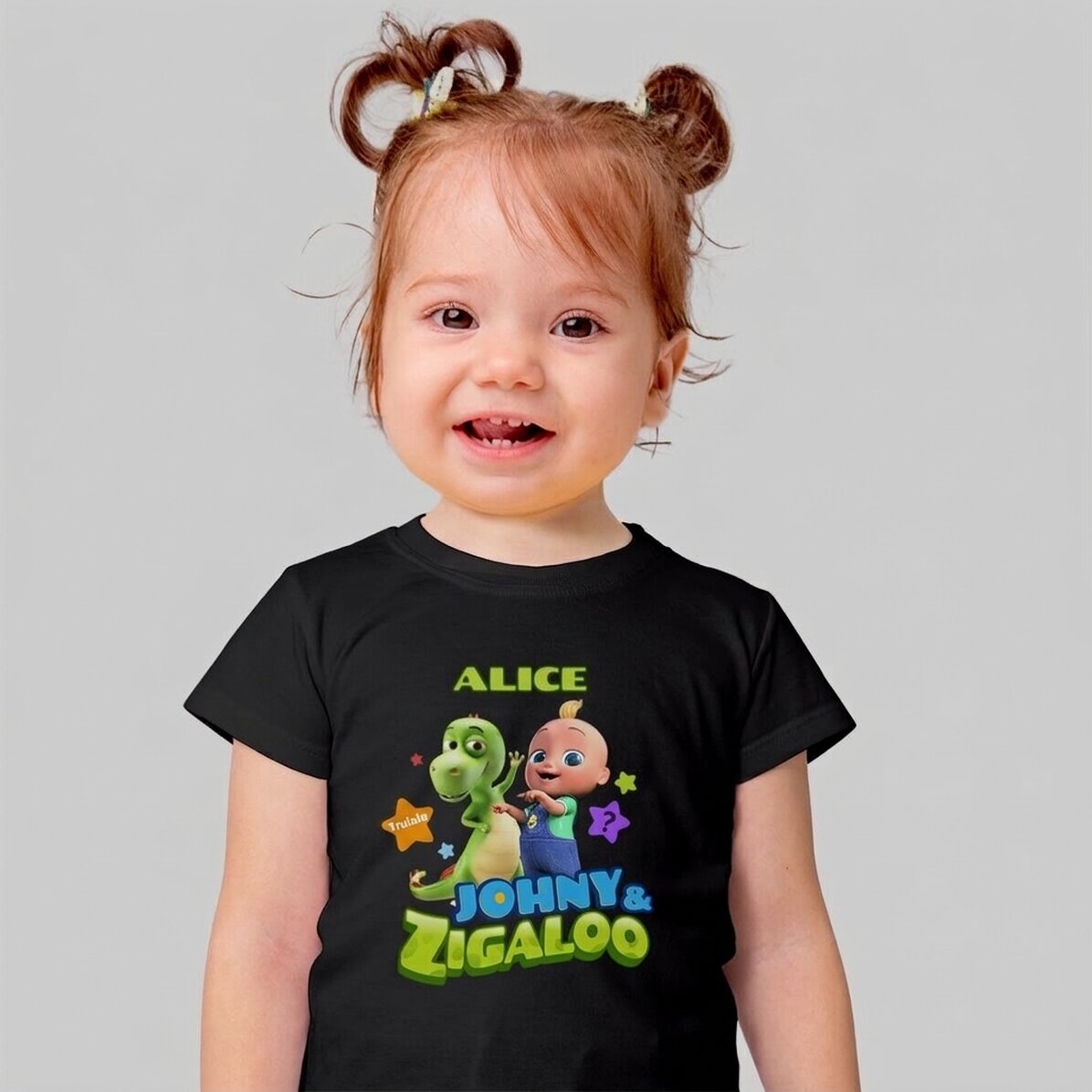 Personalisiertes Baumwoll-T-Shirt für Kinder mit Namen – Johny und Zigaloo TraLaLa