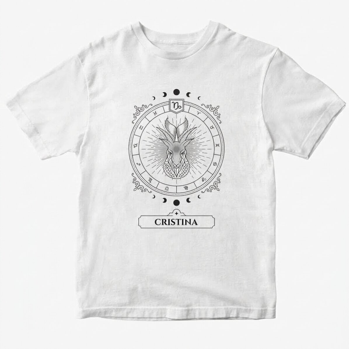 Personalisiertes Baumwoll-T-Shirt mit Namen und Sternzeichen – Steinbock