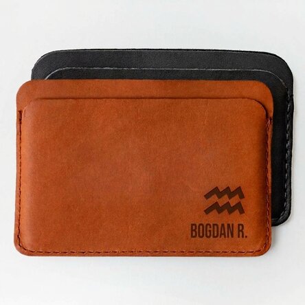 Personalised leather wallet with name and Aquarius zodiac sign