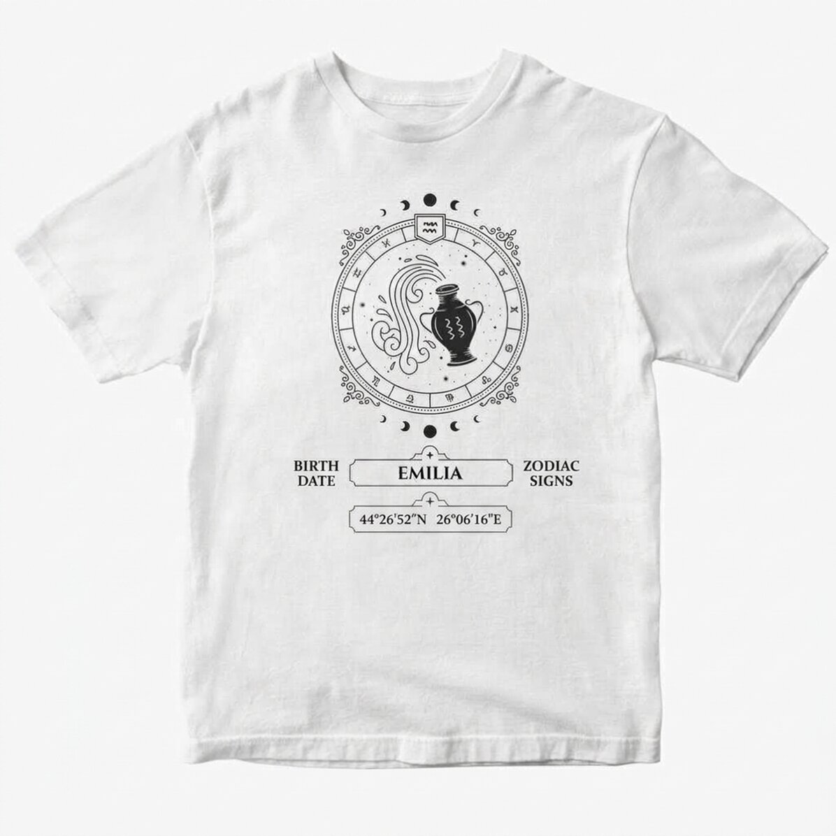 Personalisiertes Baumwoll-T-Shirt mit Namen und Sternzeichen – Wassermann