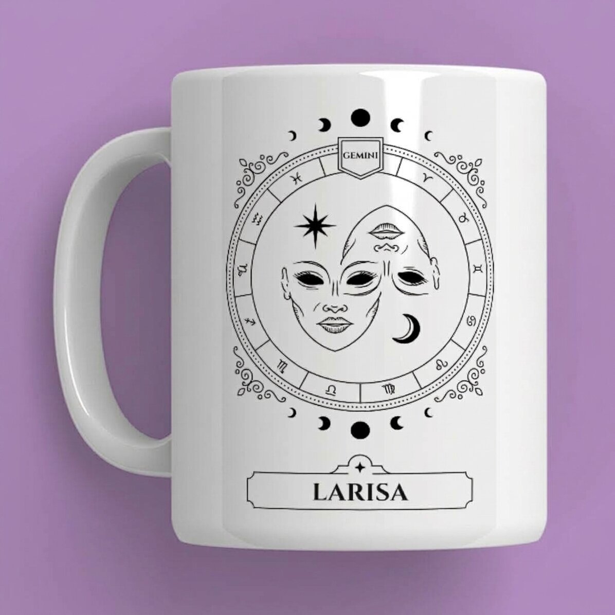 Personalisierte Tasse mit Namen und Sternzeichen – Zwillinge