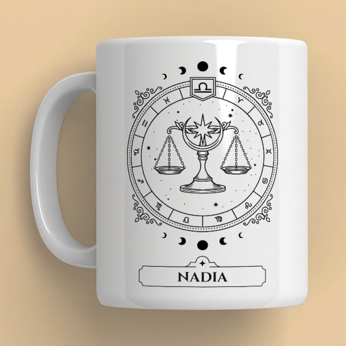 Personalisierte Tasse mit Namen und Sternzeichen – Waage