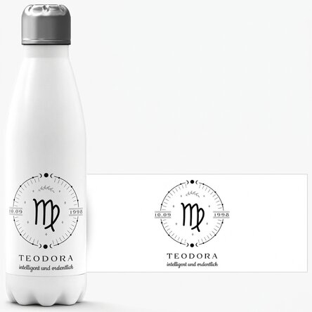 Thermoskanne mit weißem Boden, individuell gestaltet mit Text und dem Sternzeichen Jungfrau