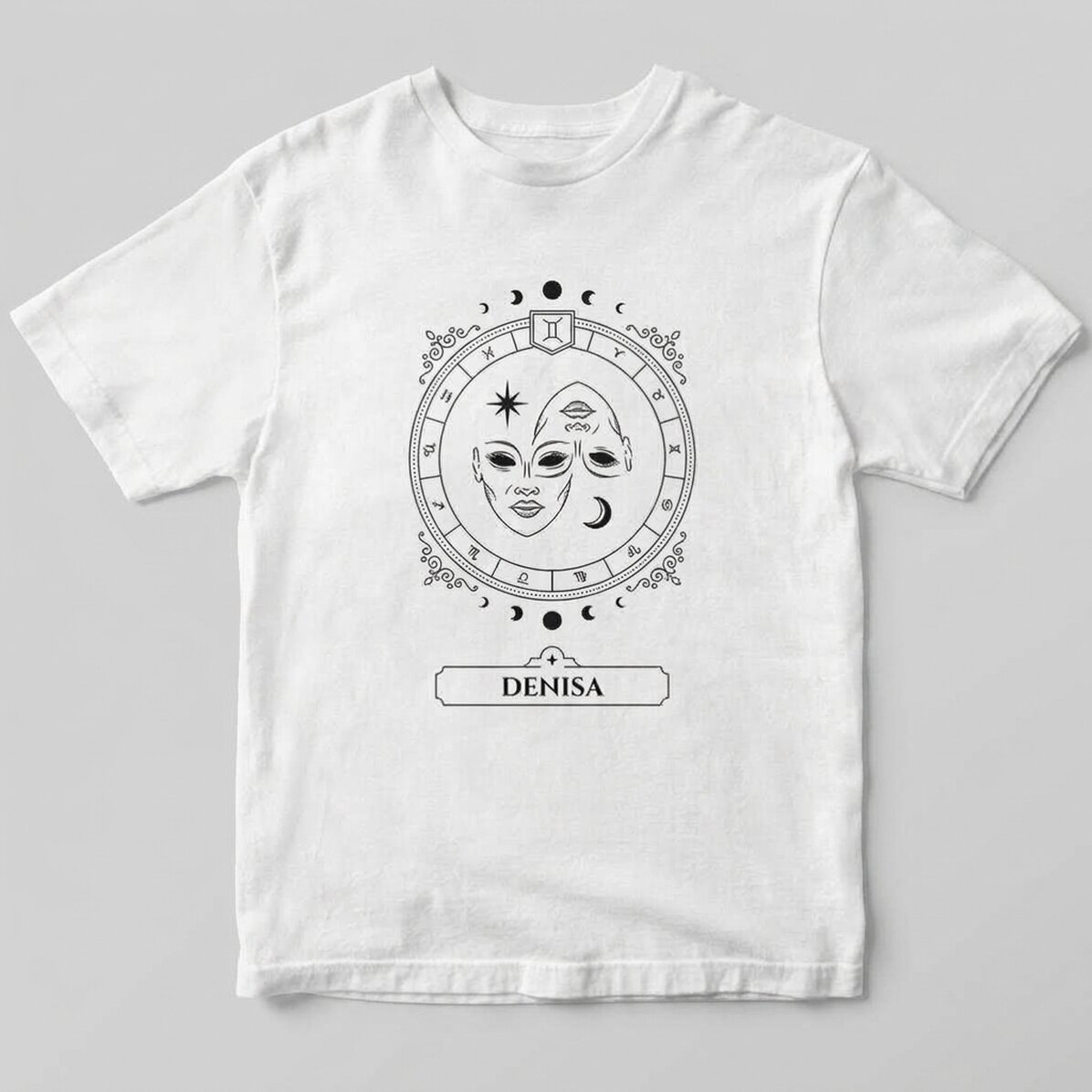 Personalisiertes Baumwoll-T-Shirt mit Namen und Sternzeichen – Zwillinge