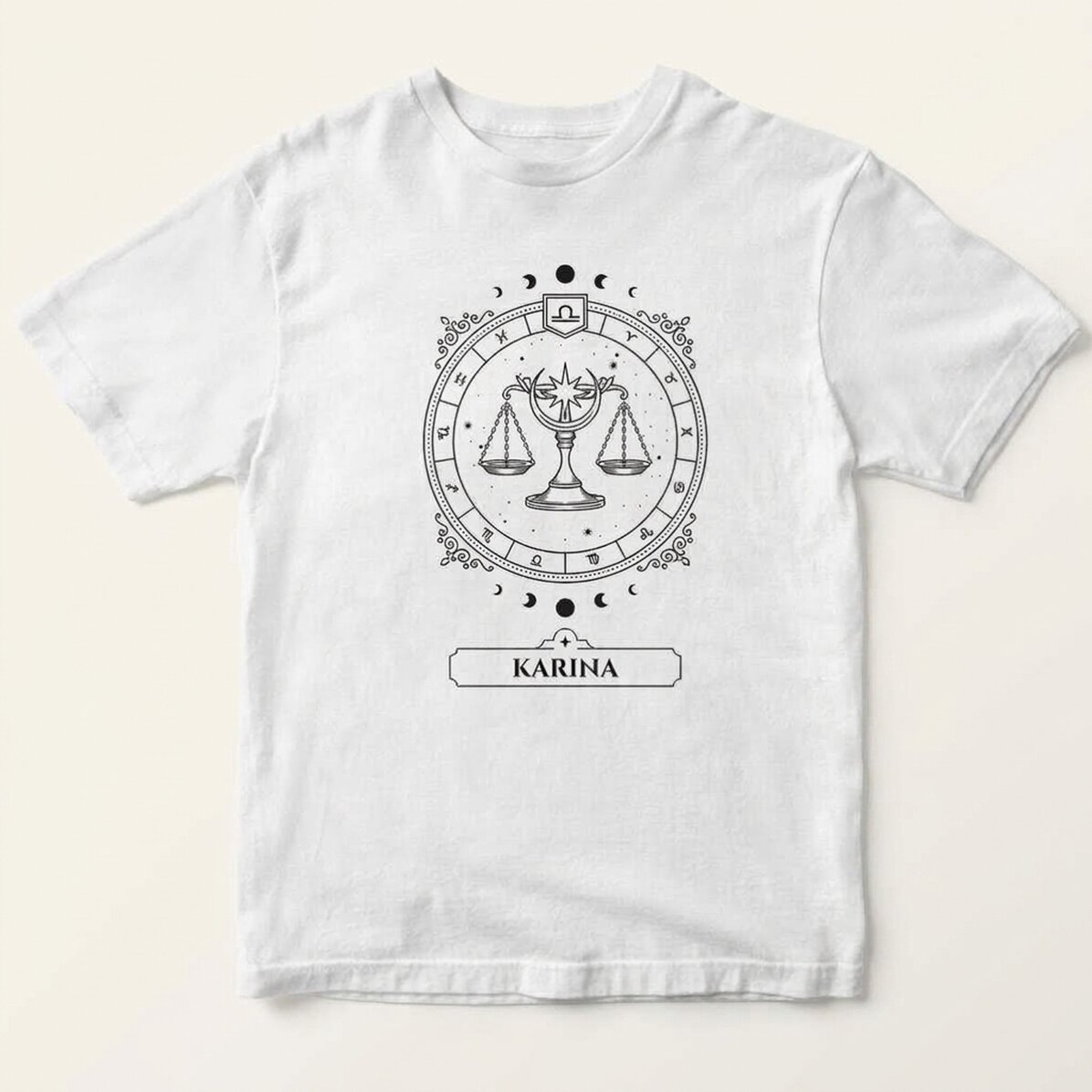 Personalisiertes Baumwoll-T-Shirt mit Namen und Sternzeichen – Waage