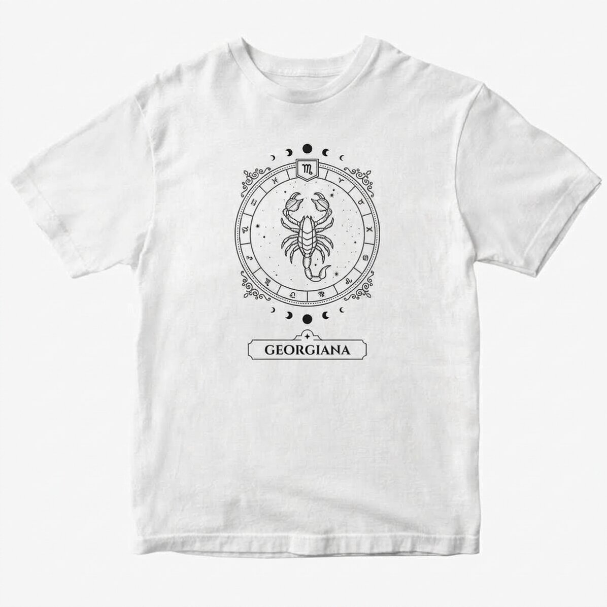 Personalisiertes Baumwoll-T-Shirt mit Namen und Sternzeichen – Skorpion
