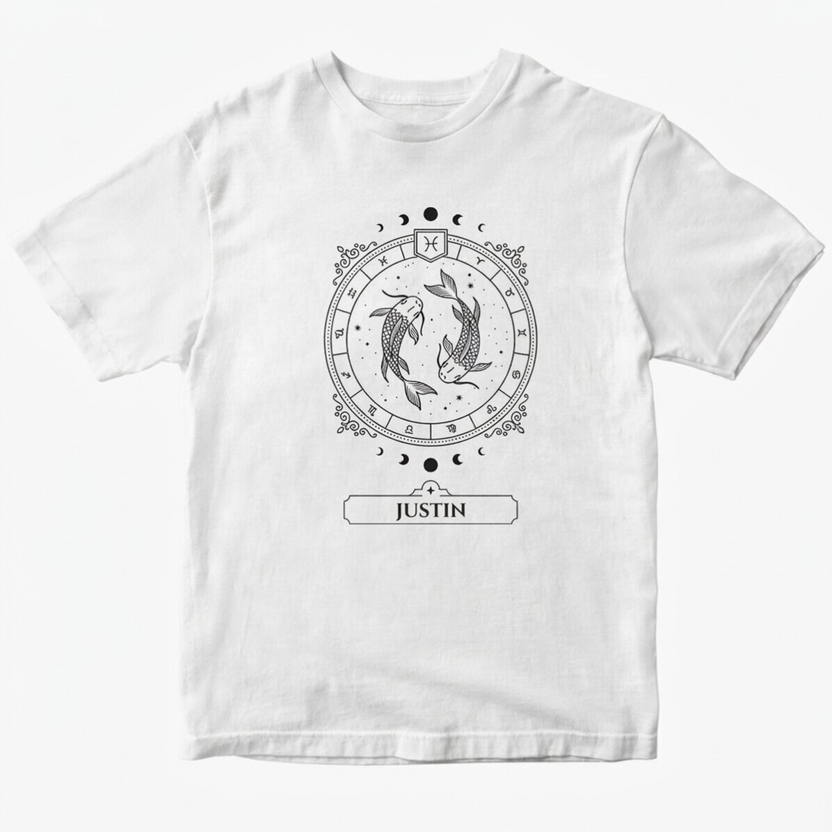 Personalisiertes Baumwoll-T-Shirt mit Namen und Sternzeichen – Fische