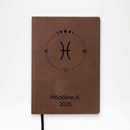Personalised leather diary with text and Pisces zodiac sign