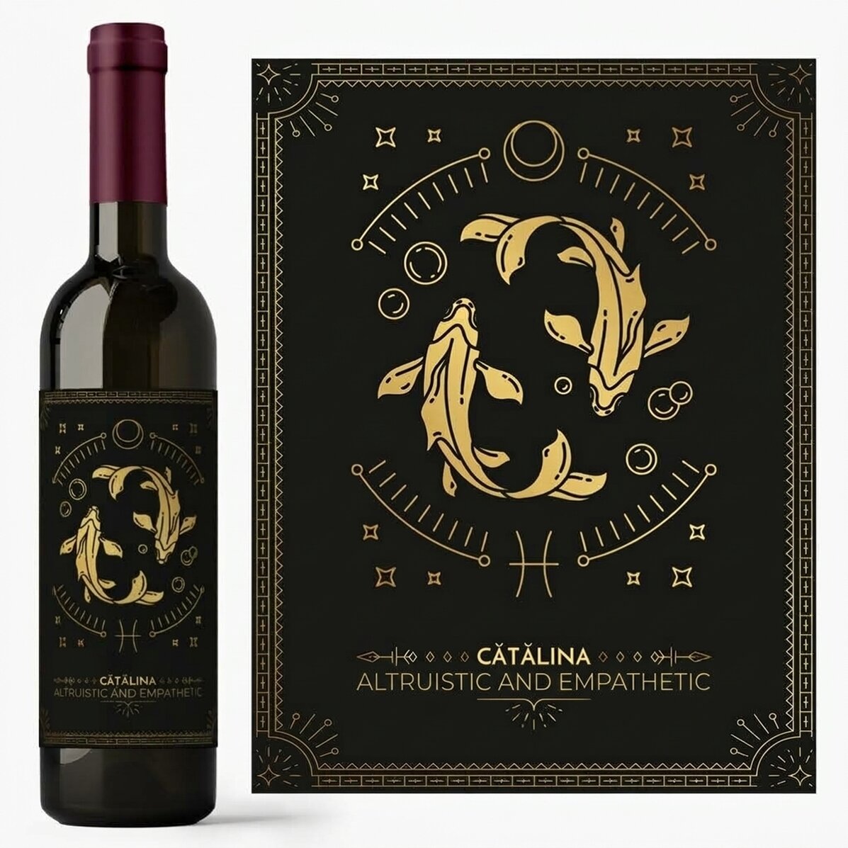 Personalisierter Wein mit Text und Sternzeichen – Fische