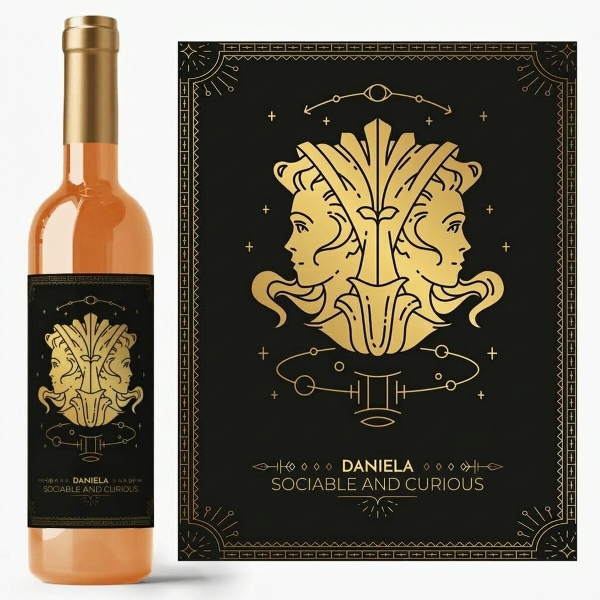 Personalisierter Wein mit Text und Sternzeichen – Zwillinge