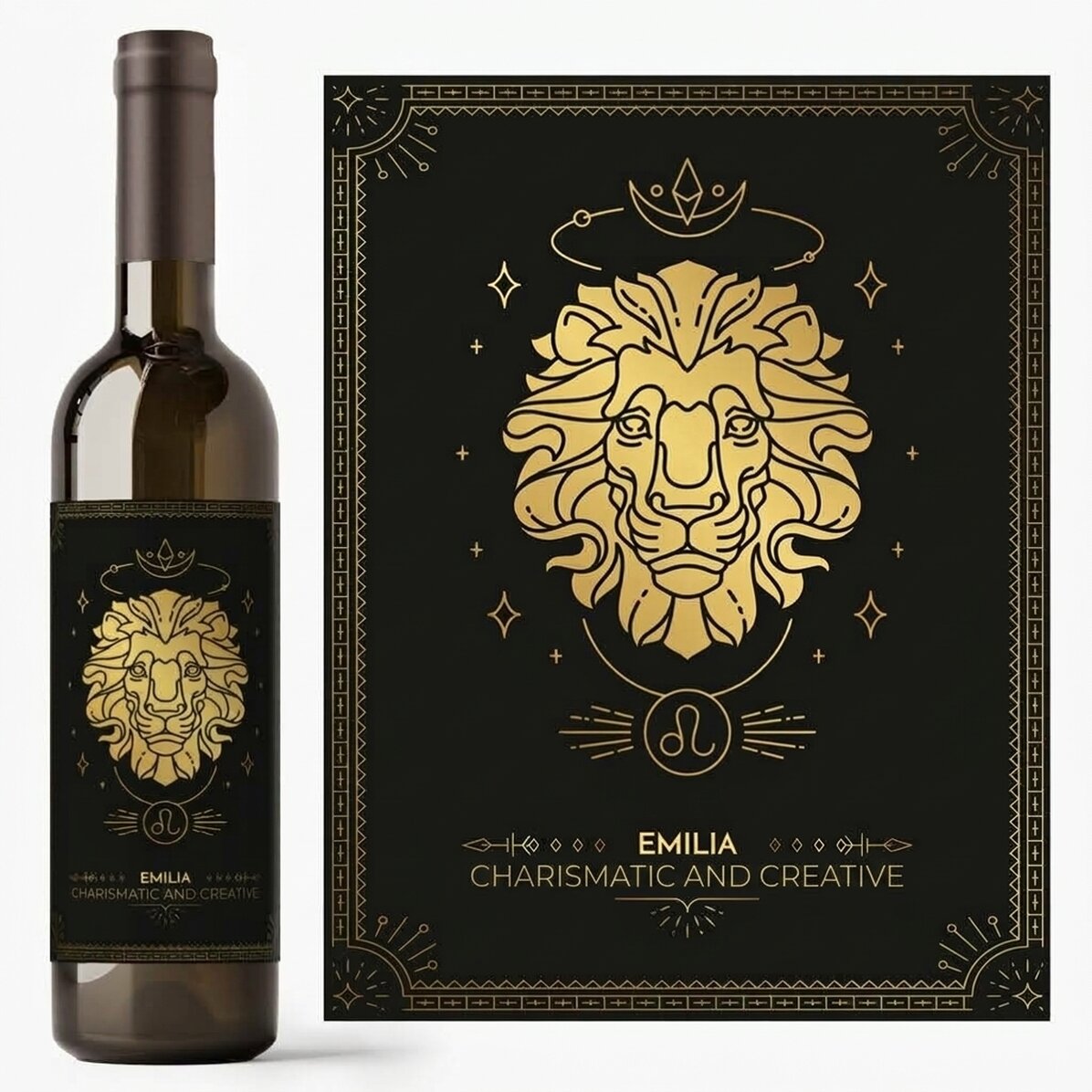 Personalisierter Wein mit Text und Sternzeichen – Löwe