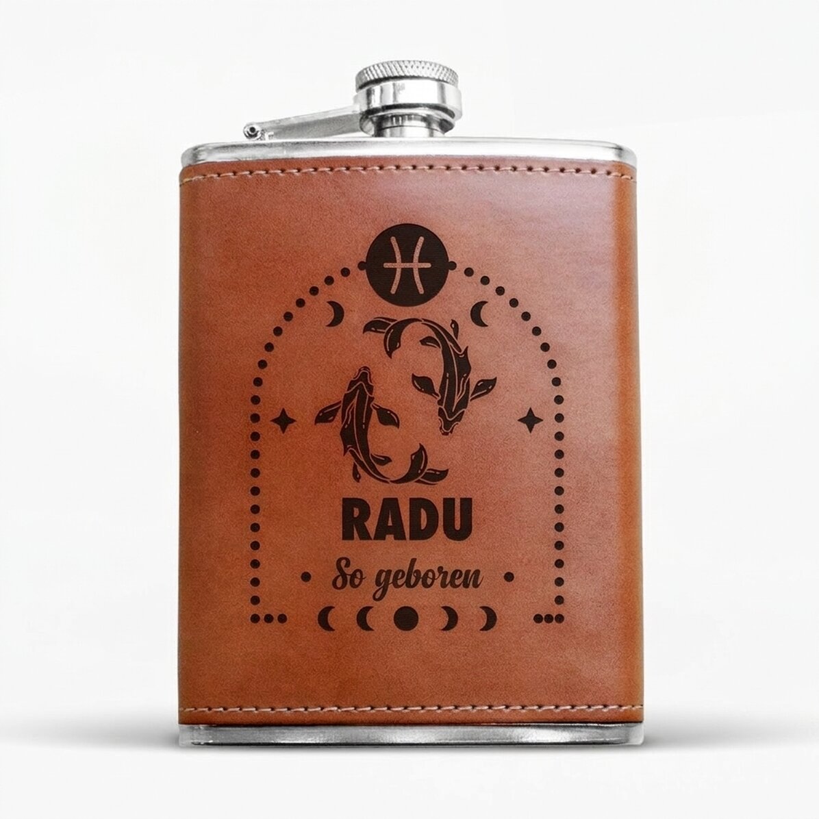 Mit Leder ummantelte Taschenflasche, individuell mit Text und Sternzeichen bedruckt – Fische