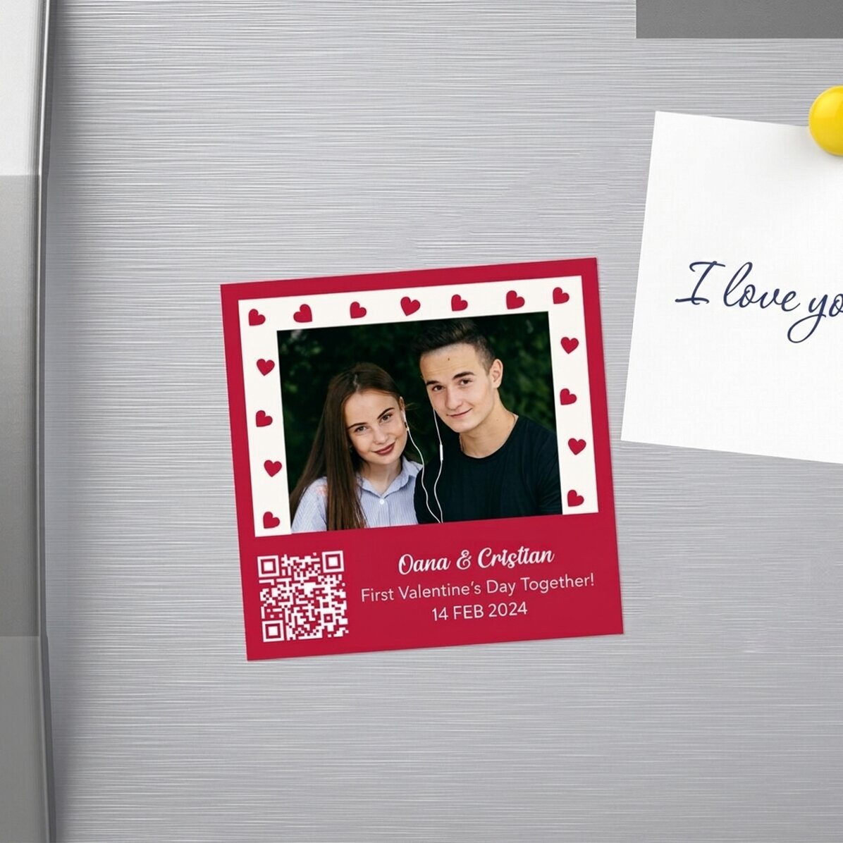Individuell gestalteter Magnet (10 x 10) mit Foto, Botschaft und QR-Code