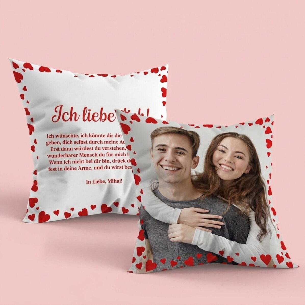 Personalisiertes Kissen mit Foto und Botschaft auf Vorder- und Rückseite – Love