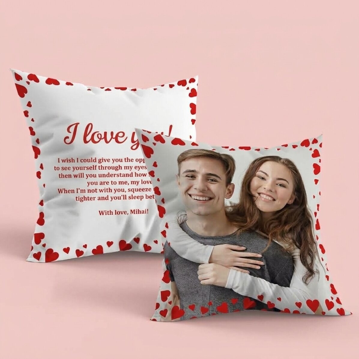 Personalisiertes Kissen mit Foto und Botschaft auf Vorder- und Rückseite – Love