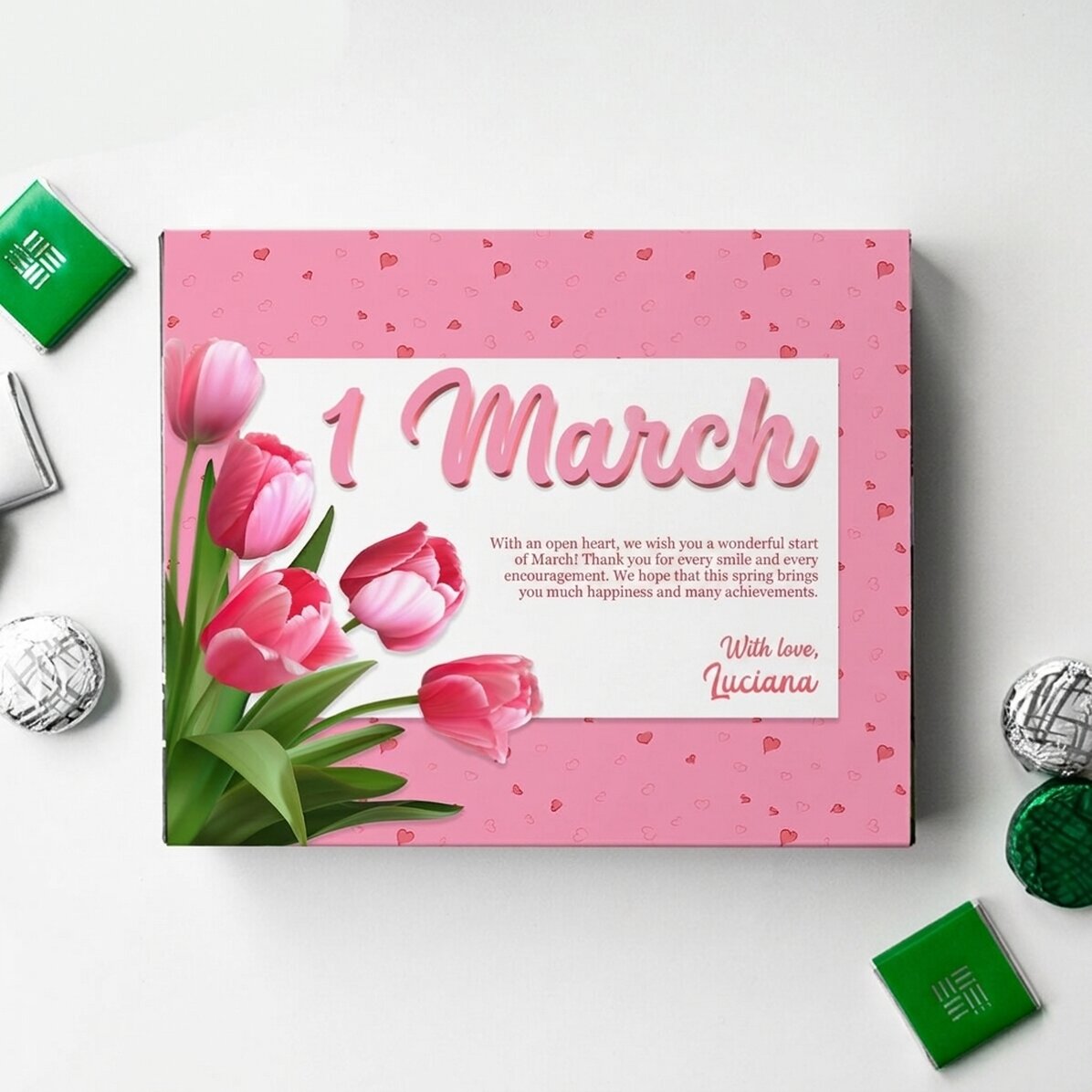 Personalisierte Pralinenschachtel mit Text – Pink Tulips