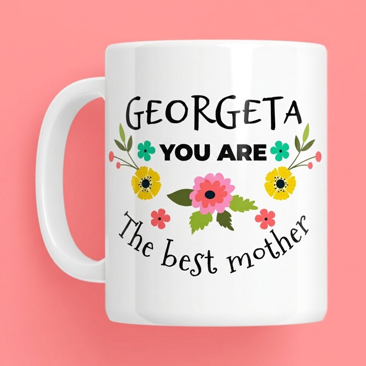 Personalisierte Tasse mit Text – Frühlingsblumen