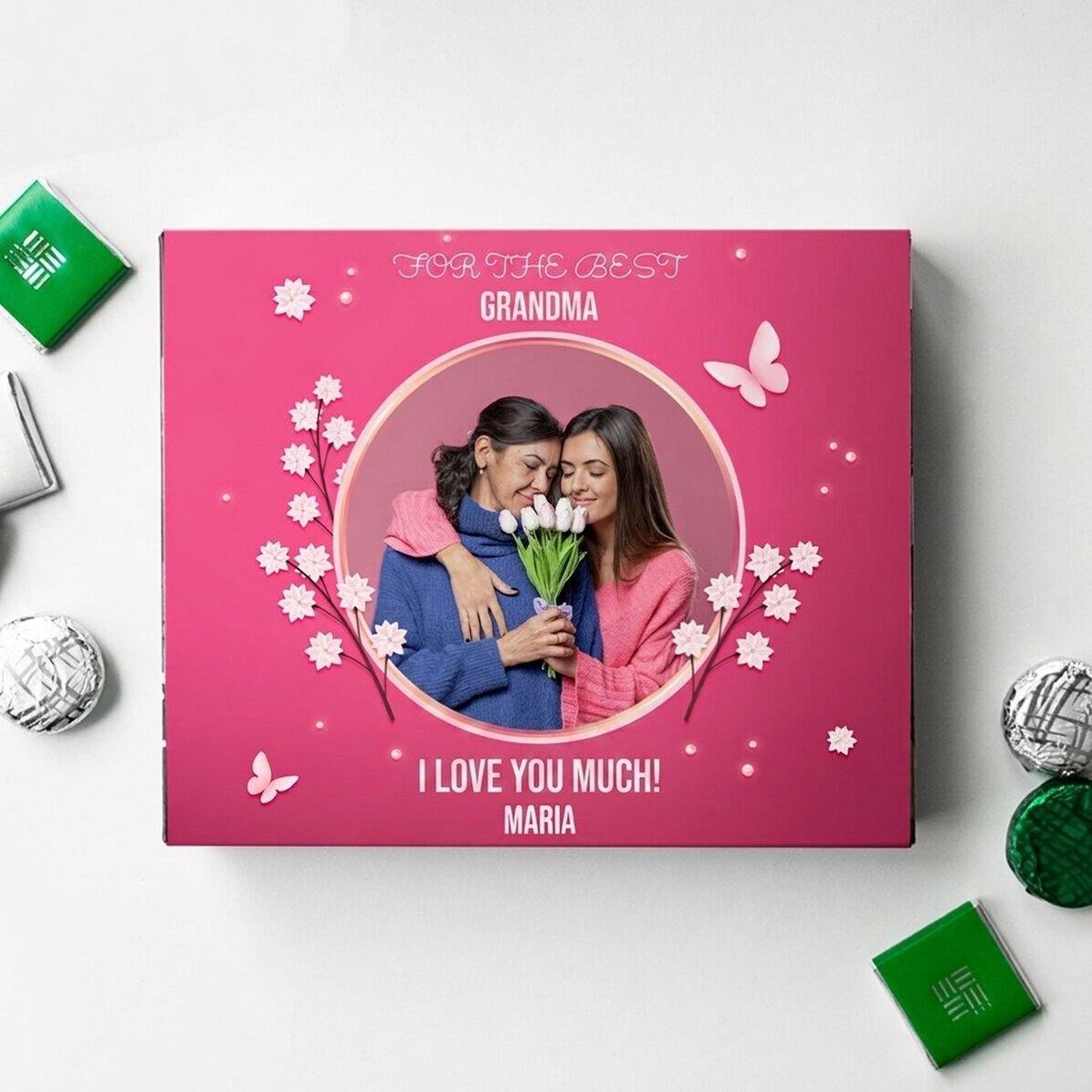 Personalisierte Pralinenschachtel mit Foto und Text – Happy Spring