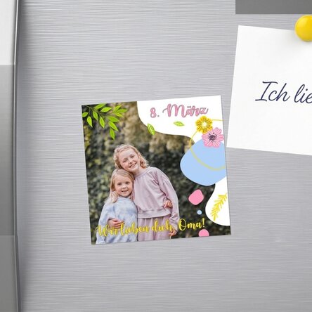 Individuell gestalteter Magnet 10x10 mit Foto und Text – Happiness