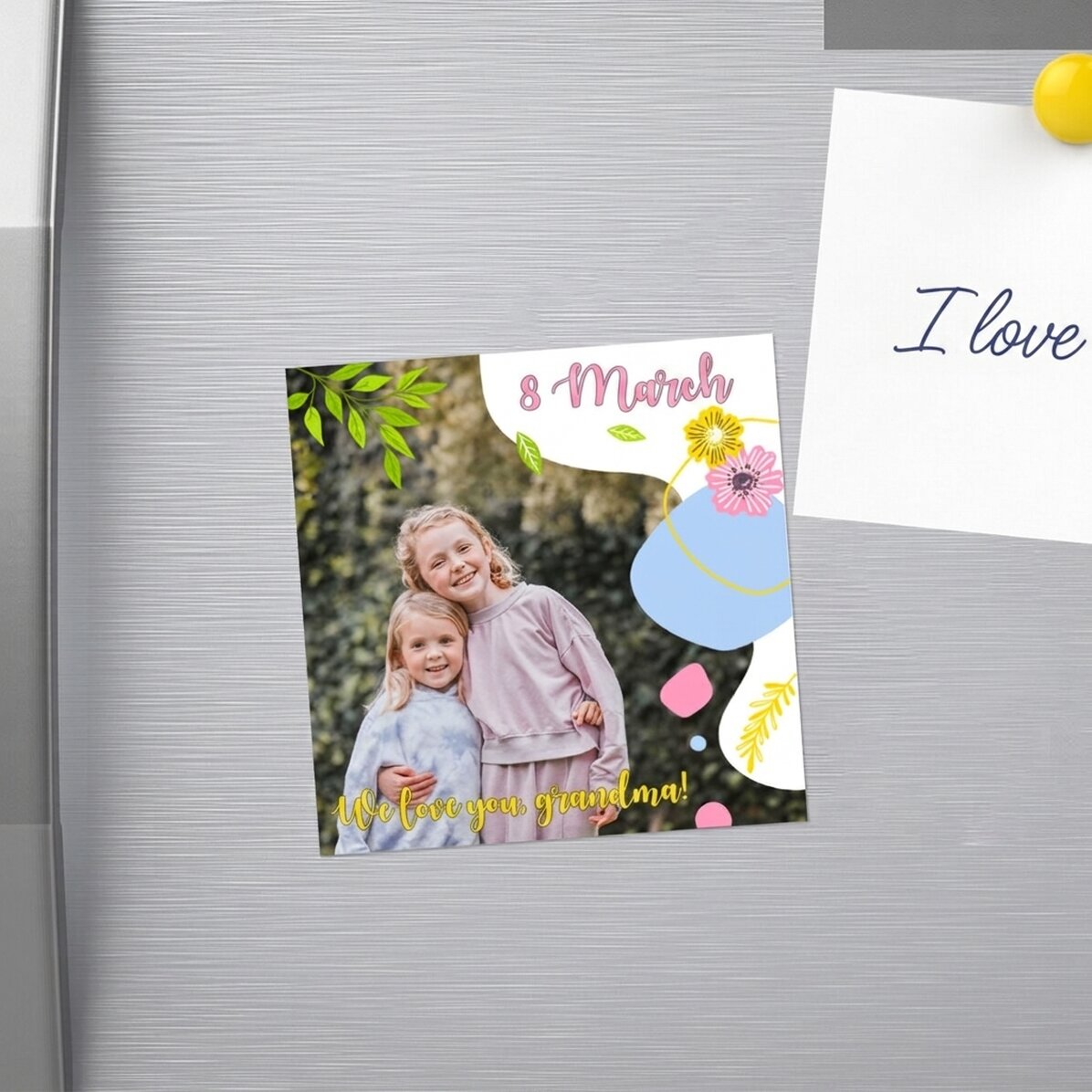Individuell gestalteter Magnet 10x10 mit Foto und Text – Happiness