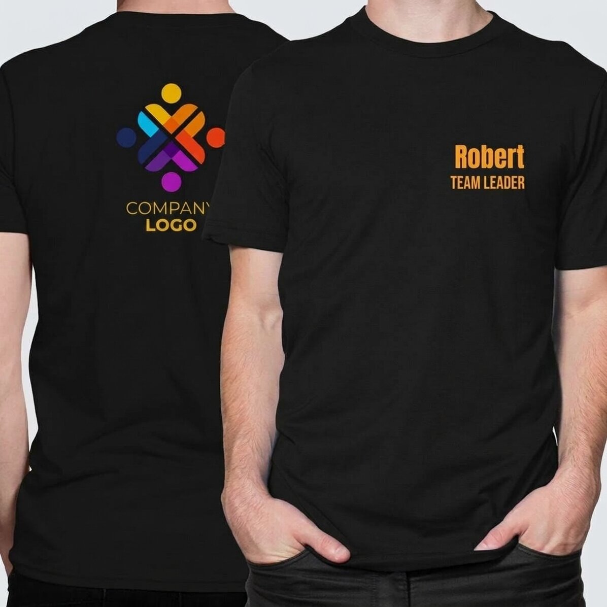 Personalisiertes Baumwoll-T-Shirt mit Text und Logo auf der Vorder- und Rückseite