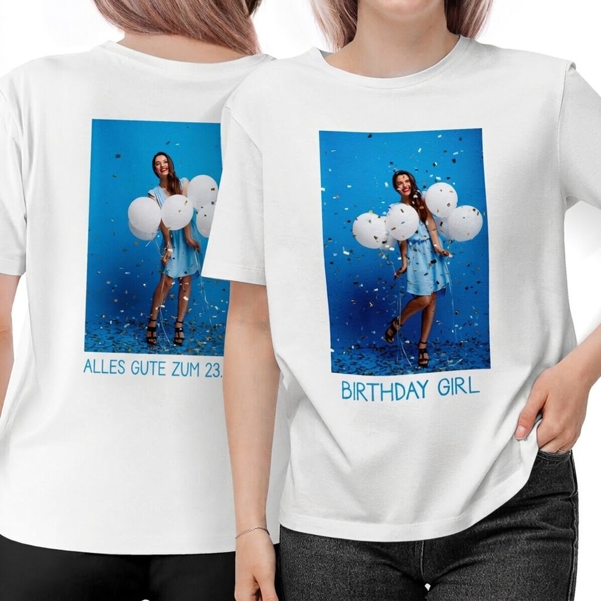 Personalisiertes Baumwoll-T-Shirt mit Bildern und Text auf Vorder- und Rückseite