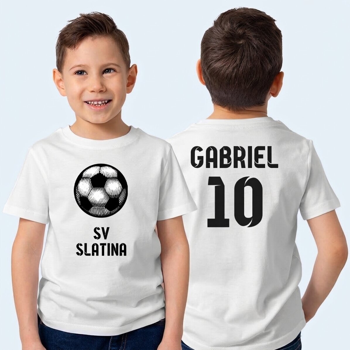 Personalisiertes Baumwoll-T-Shirt für Kinder mit Aufdruck auf Vorder- und Rückseite – Fußball