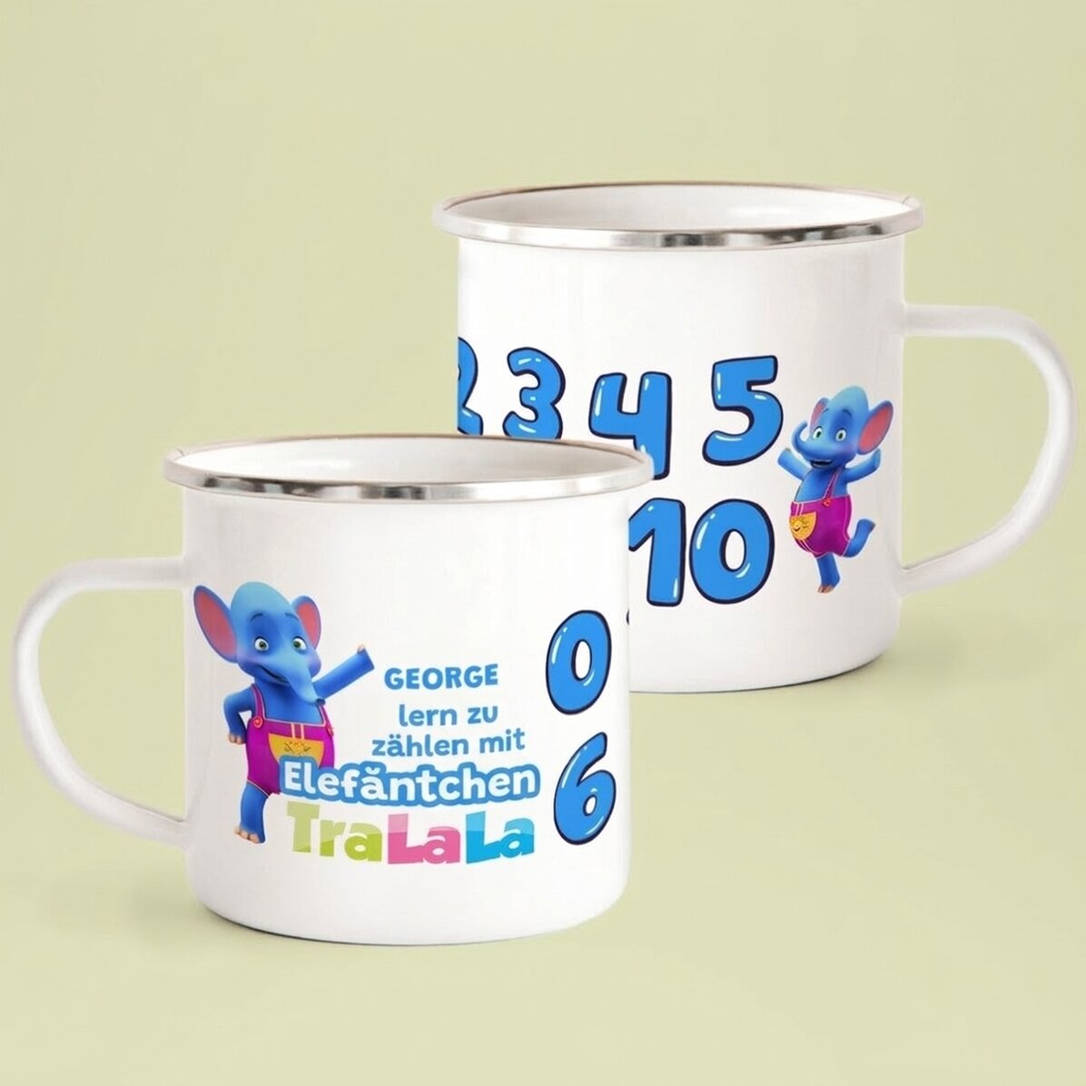 Personalisierte Emaille-Tasse mit Namen – Mit dem Elefanten TraLaLa lernen wir zählen