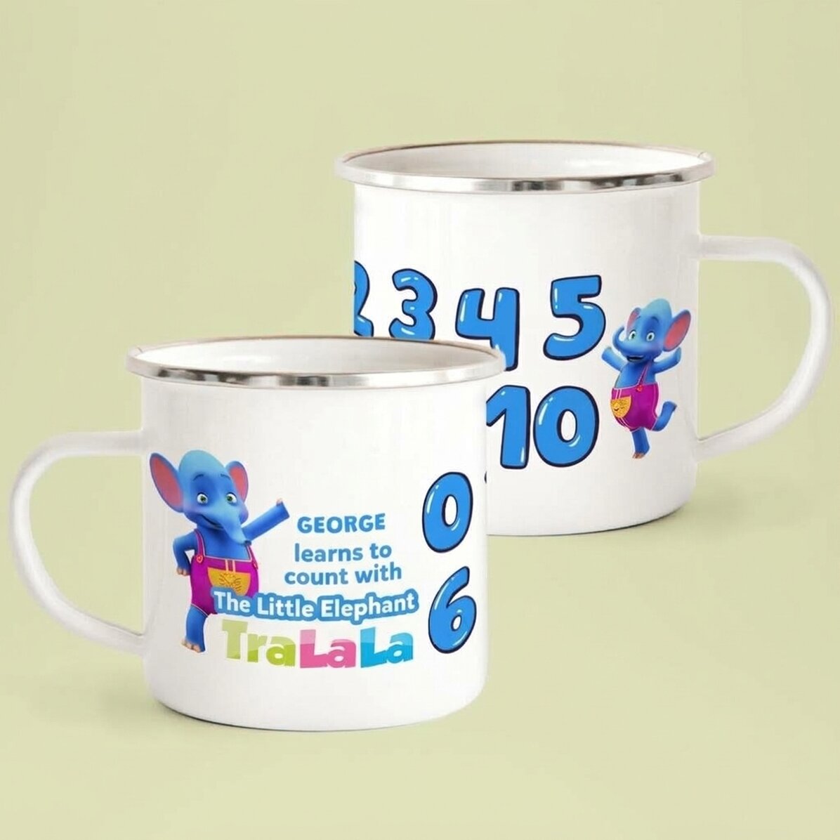 Personalisierte Emaille-Tasse mit Namen – Mit dem Elefanten TraLaLa lernen wir zählen