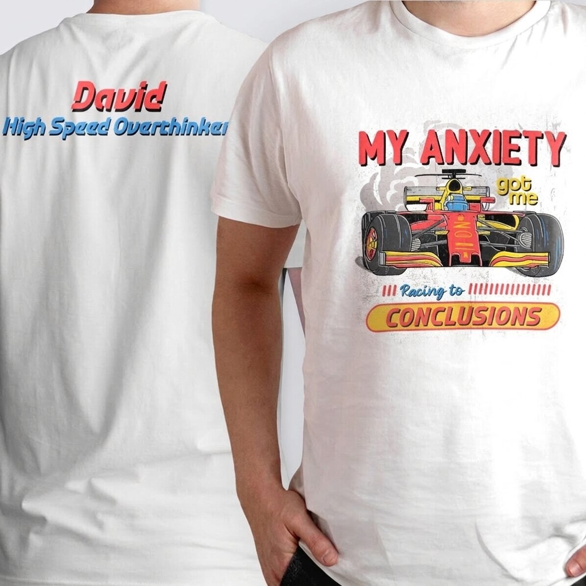Personalisiertes Baumwoll-T-Shirt mit Aufdruck auf Vorder- und Rückseite – Racing Thoughts