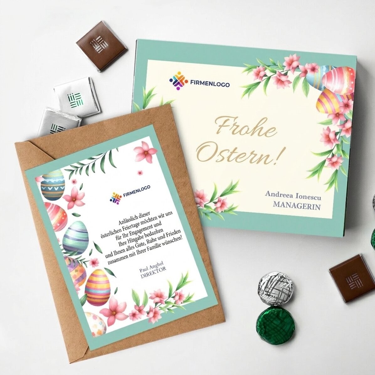 Individuell gestaltetes Set mit Logo – Pralinenschachtel und Karte – Frohe Ostern!