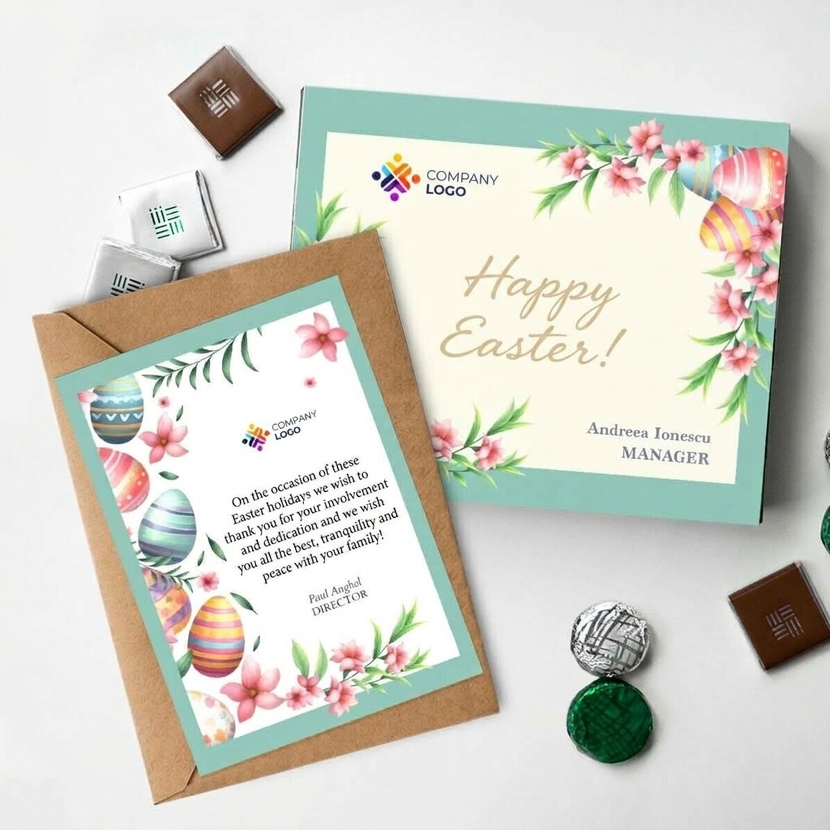Individuell gestaltetes Set mit Logo – Pralinenschachtel und Karte – Frohe Ostern!