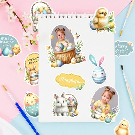 Set mit personalisierten Aufklebern (selbstklebende Etiketten) mit Fotos und Text – Frohes Osterfest