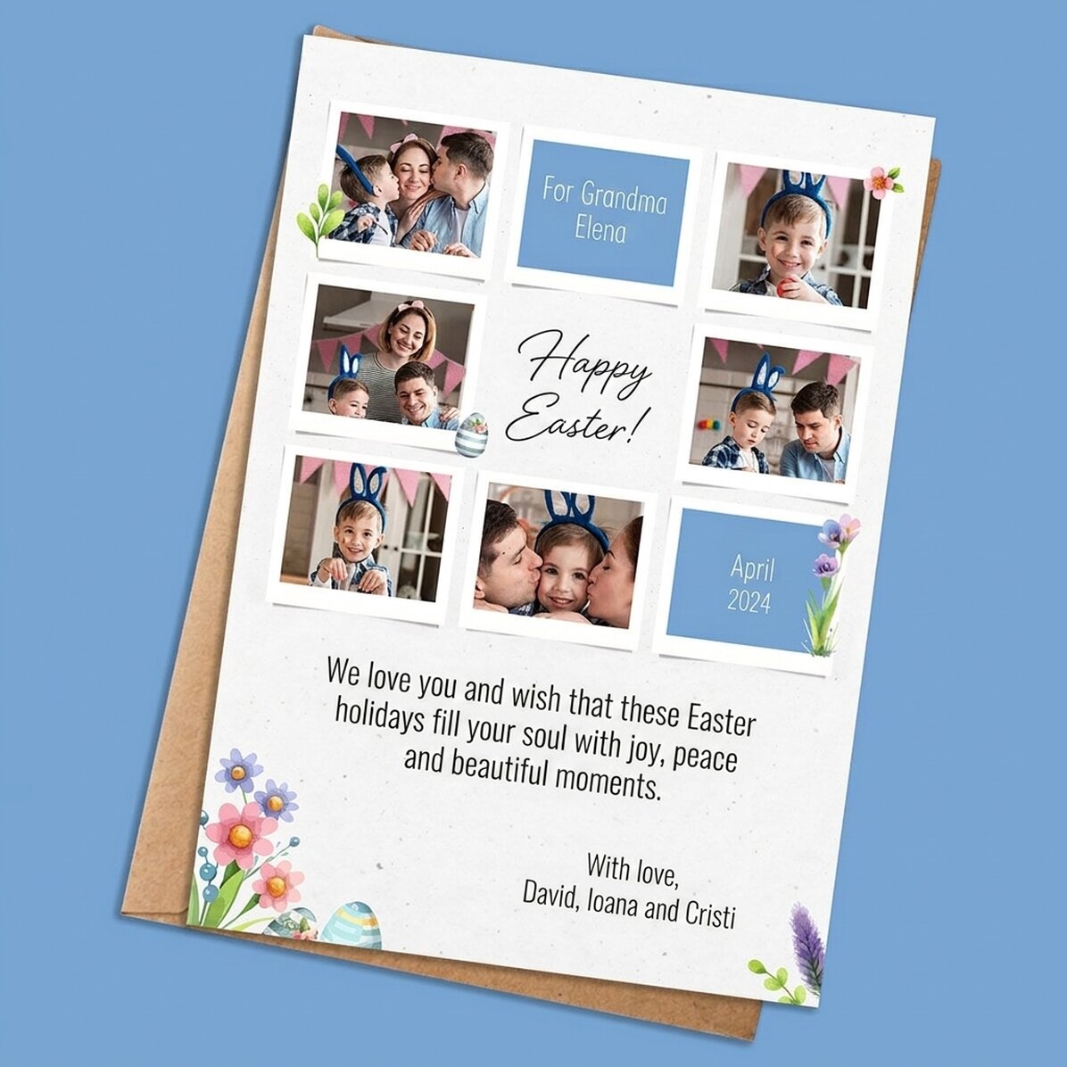 Individuell gestaltete Karte mit Fotos und einer Botschaft – Frohe Ostern!