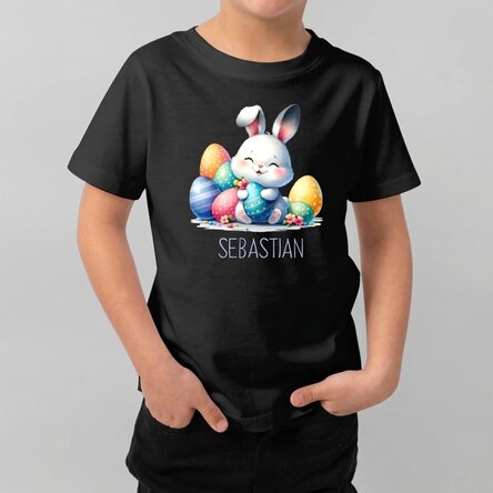 Personalisiertes Baumwoll-T-Shirt für Kinder mit Namen – Hase mit Ostereiern