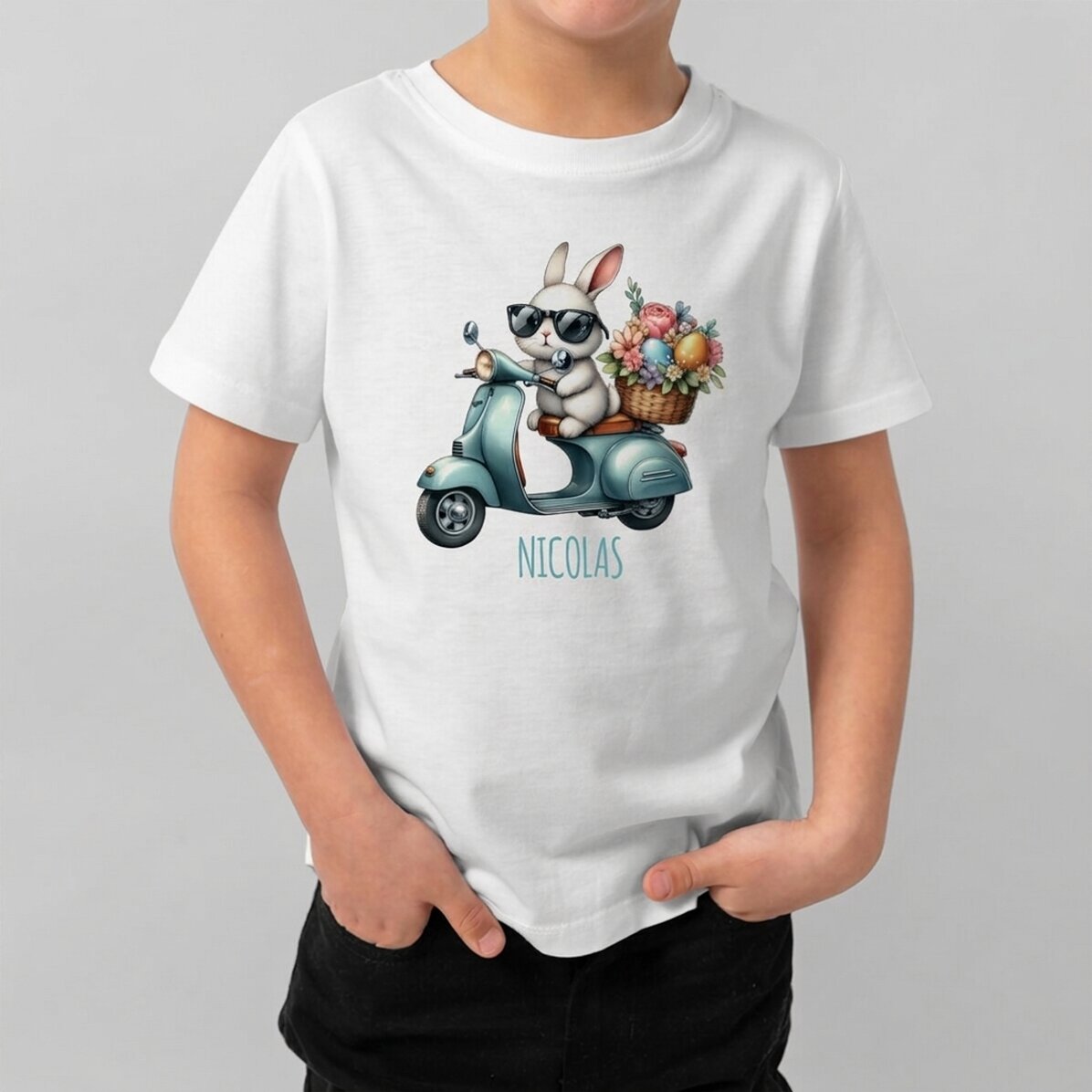 Mit Namen personalisiertes Baumwoll-T-Shirt für Kinder – Cool Bunny