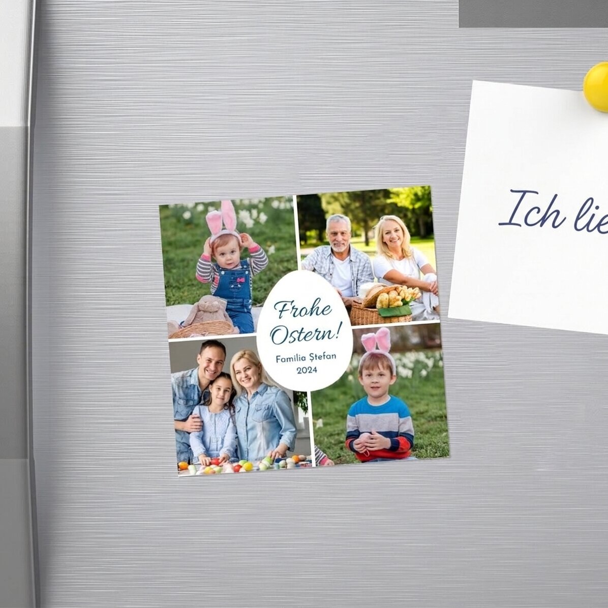Individuell gestalteter Magnet (10 x 10) mit 4 Fotos und einer Botschaft – Frohe Ostern