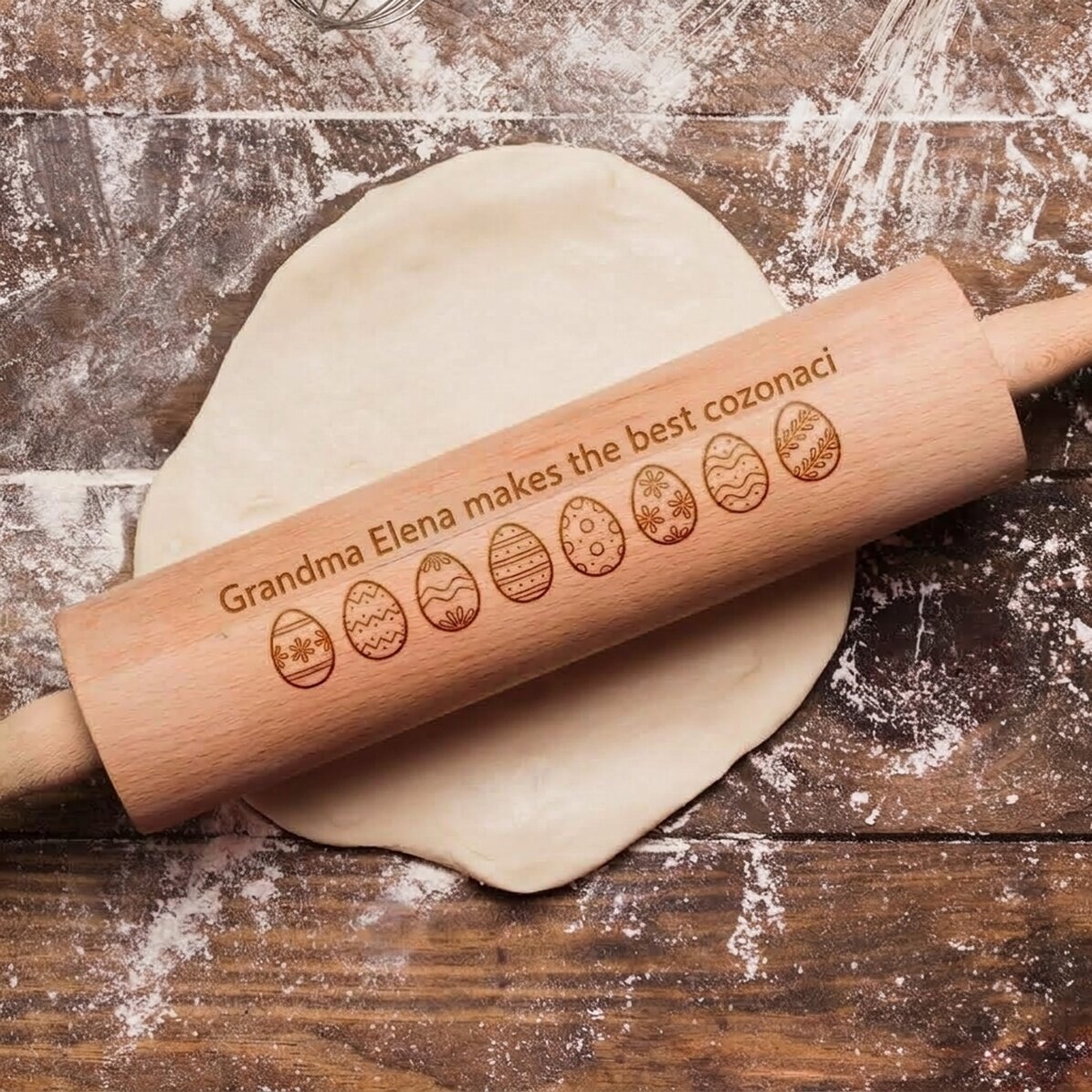 Individuell gestalteter Holz-Teigroller mit Aufschrift – Frohe Ostern!