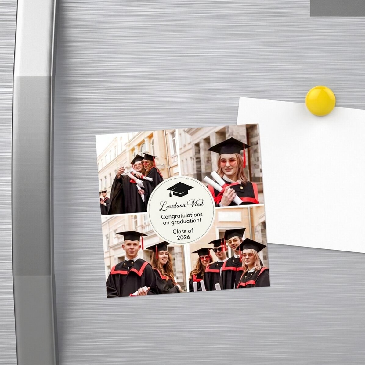 Individuell gestalteter Magnet (10 x 10 cm) mit 4 Fotos und Text – Schulabschluss
