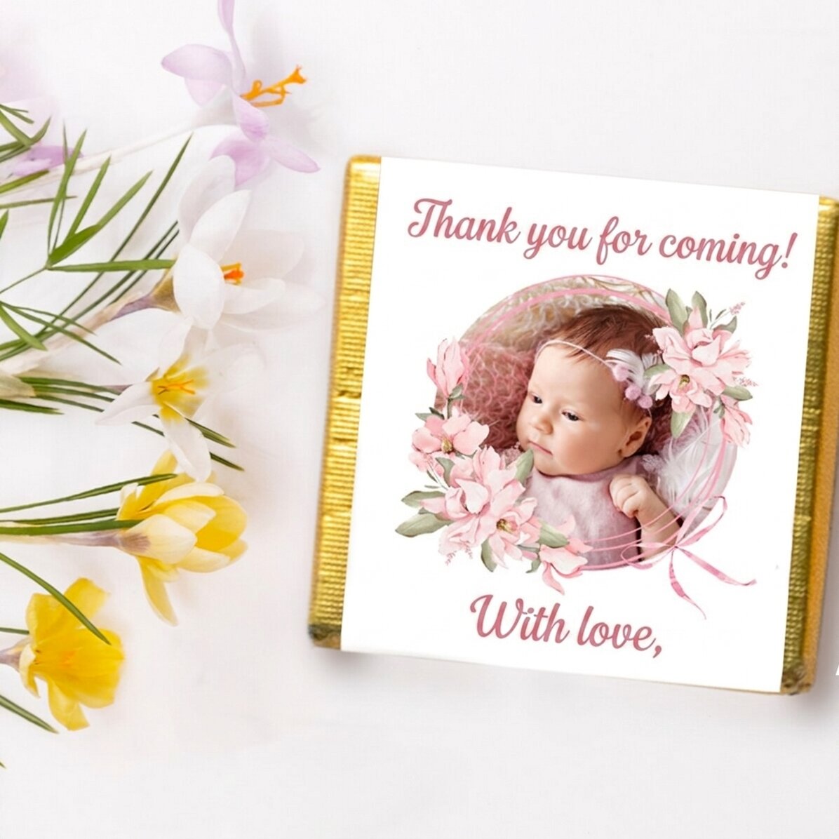 Personalisierte Mini-Schokolade als Taufgeschenk mit Foto und Text – Rosa