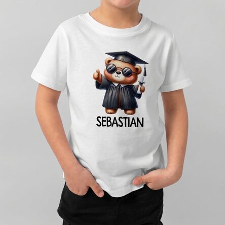 Personalisiertes Baumwoll-T-Shirt für Kinder mit Namen – Bärchen als Schulabgänger