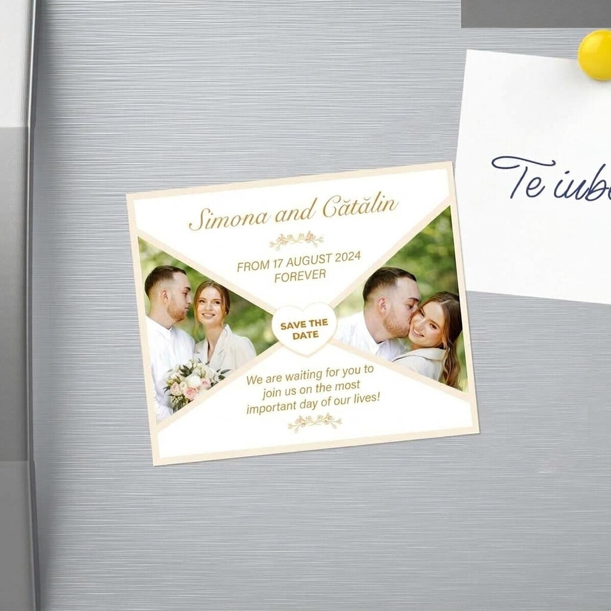 Individuell gestalteter Magnet (12 x 10 cm) mit 2 Fotos und Text – Save the date