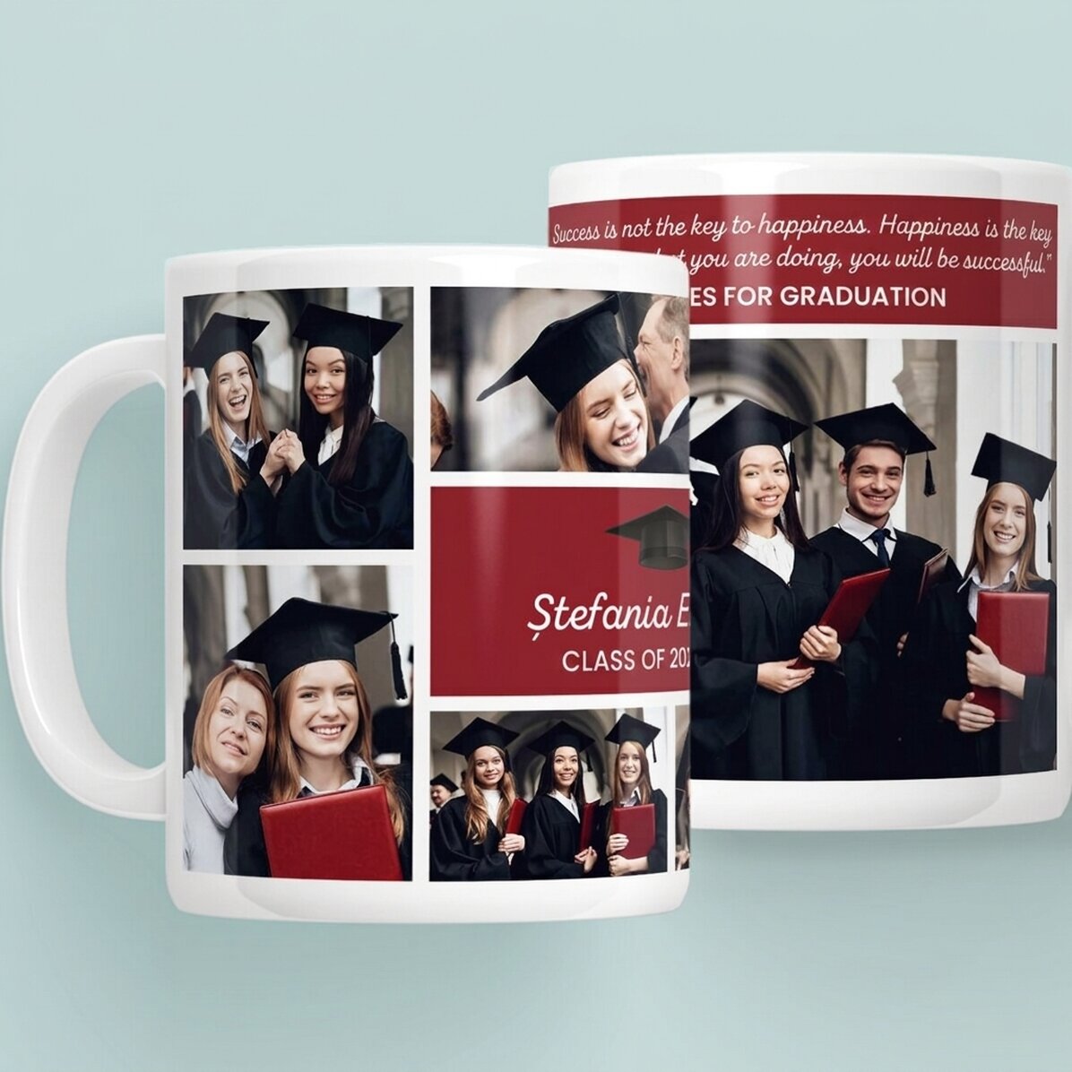 Personalisierte Tasse mit 6 Fotos und einer Botschaft – Schulabschluss