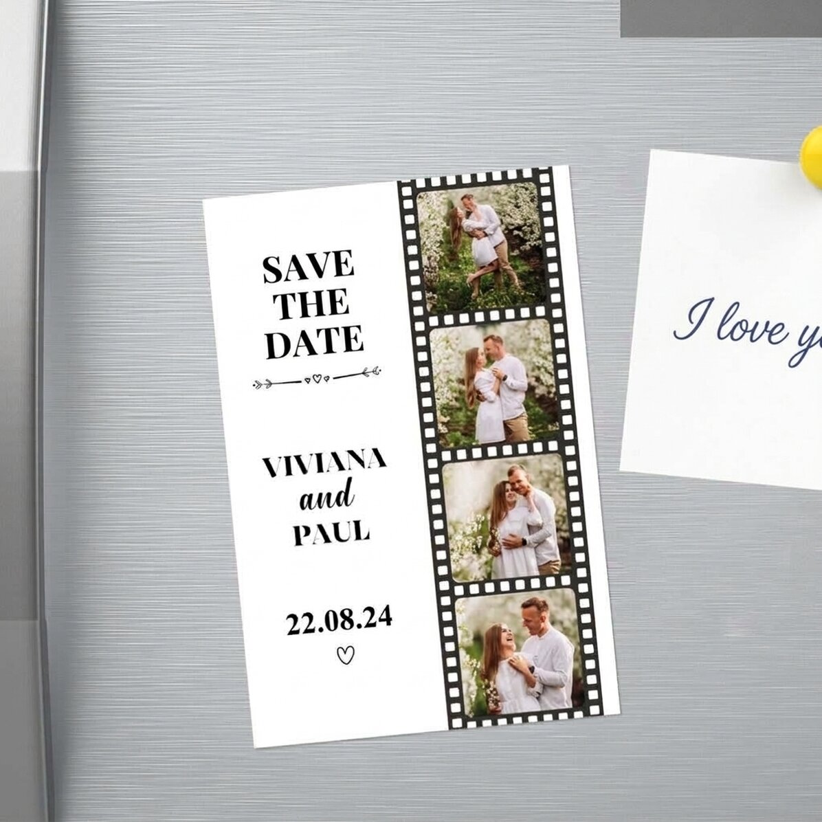 Individuell gestalteter Magnet (10 x 15 cm) mit 4 Fotos und Text – Save the date