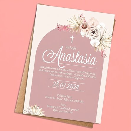 Individuell gestaltete Karte mit Text – Einladung zur Taufe – Pink Elegance