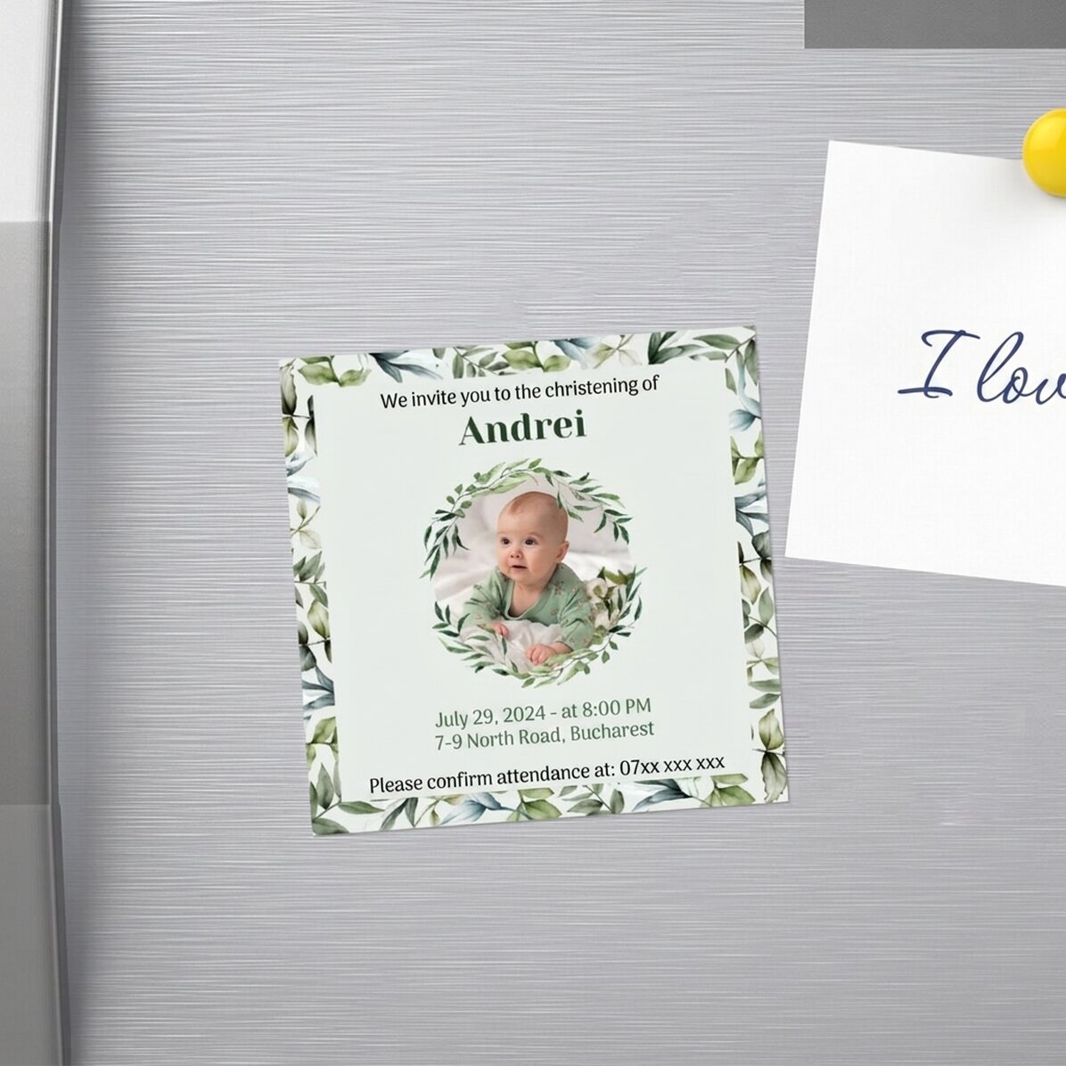 Individuell gestalteter Magnet (10 x 10) mit Foto und Text – Einladung zur Taufe