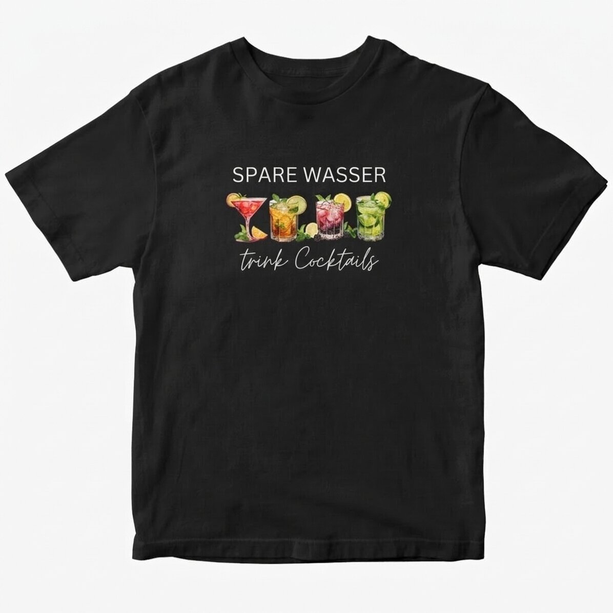 Personalisiertes Baumwoll-T-Shirt mit dem Aufdruck „Save water, drink cocktails“