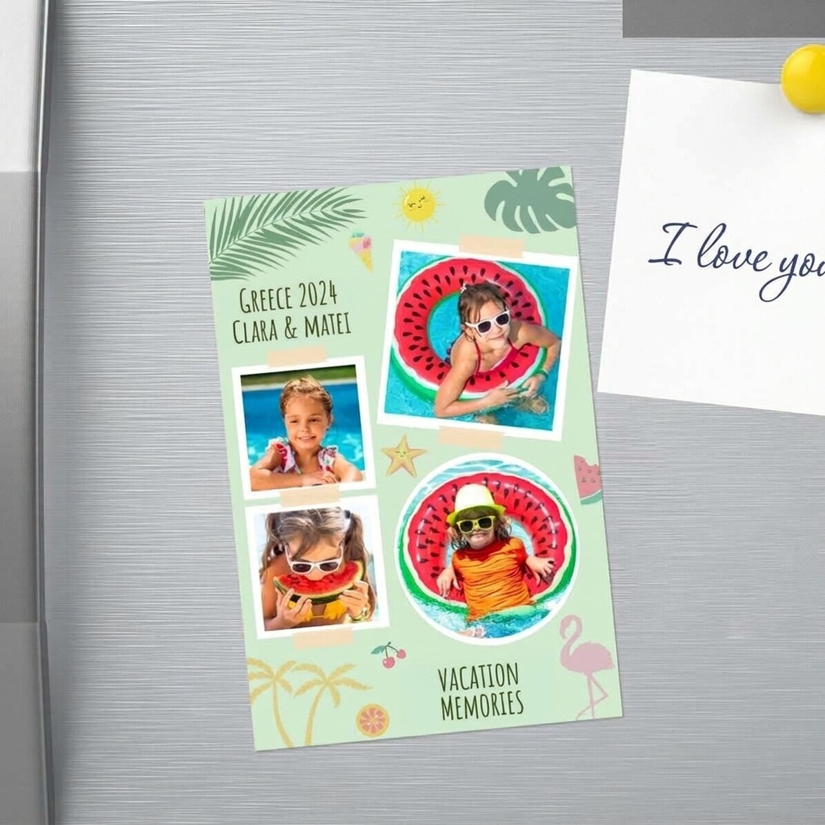 Individuell gestalteter Magnet (10 x 15 cm) mit 4 Fotos und Text – Urlaub