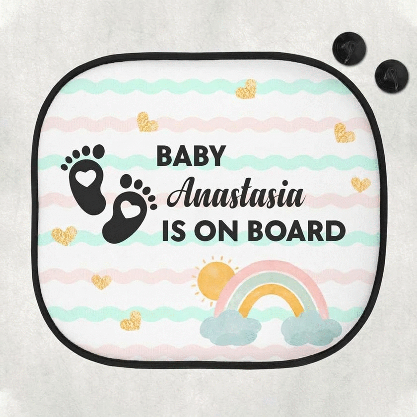 Individuell gestalteter Sonnenschutz für das Auto mit der Aufschrift „Baby on board“