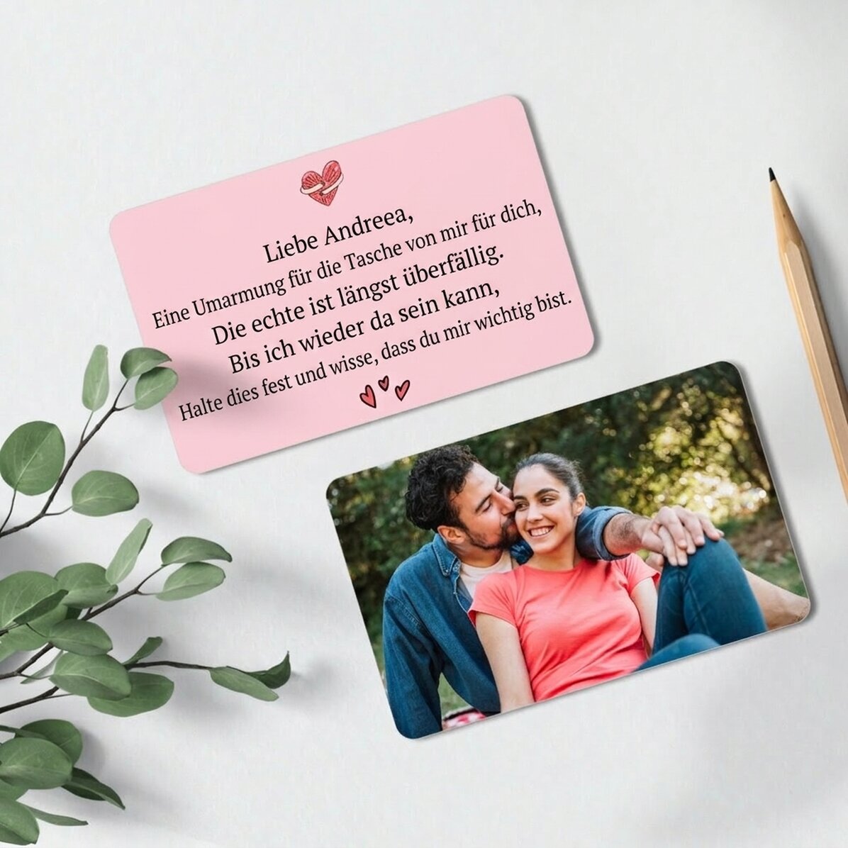 Individuell gestaltete Aluminiumkarte (Vorder- und Rückseite) mit einem Foto und Text